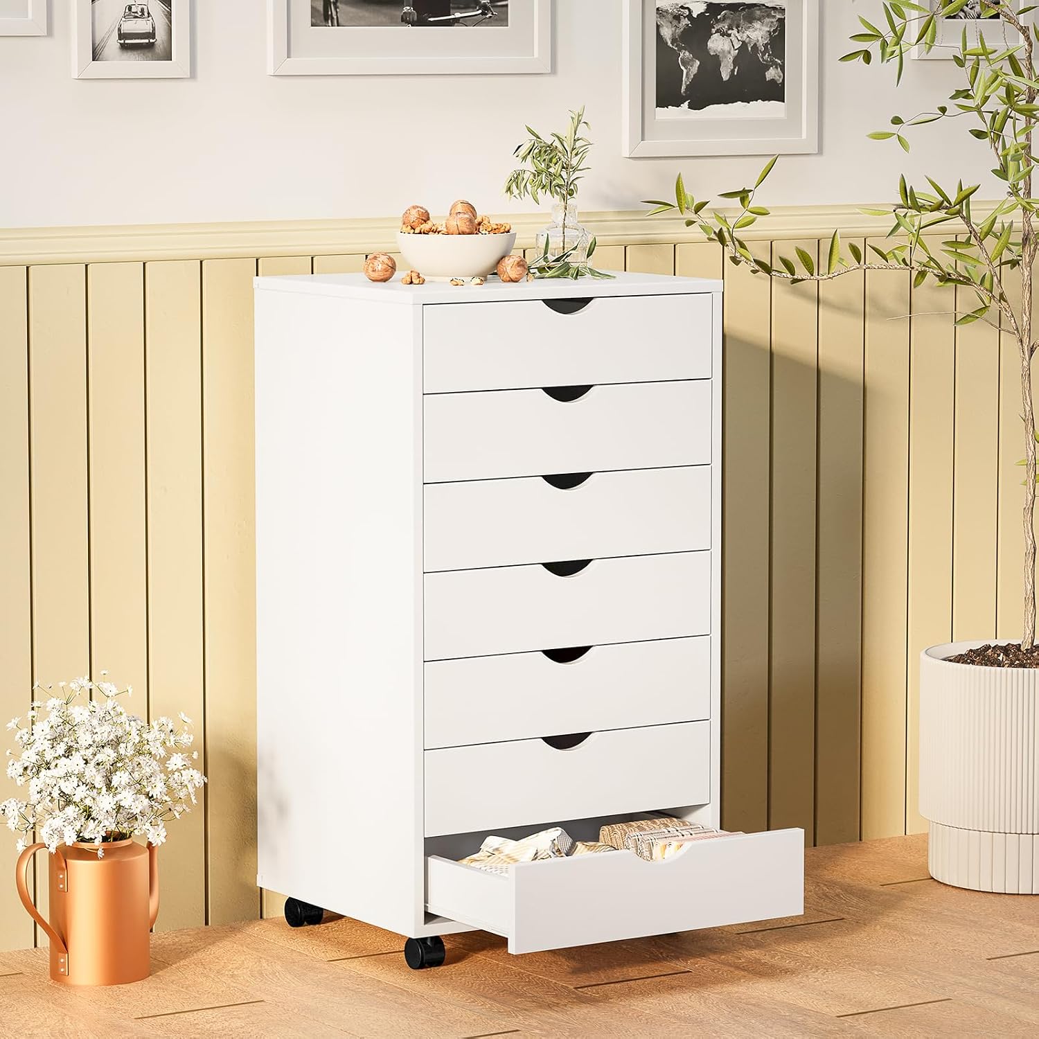 Sweetcrispy 7 Drawer Rolling Storage Cabinet With Wheels, Wood Organizer | Fits Under Desk Dresser Chest For Home Office, Bedroom, Small Place, Living Room White