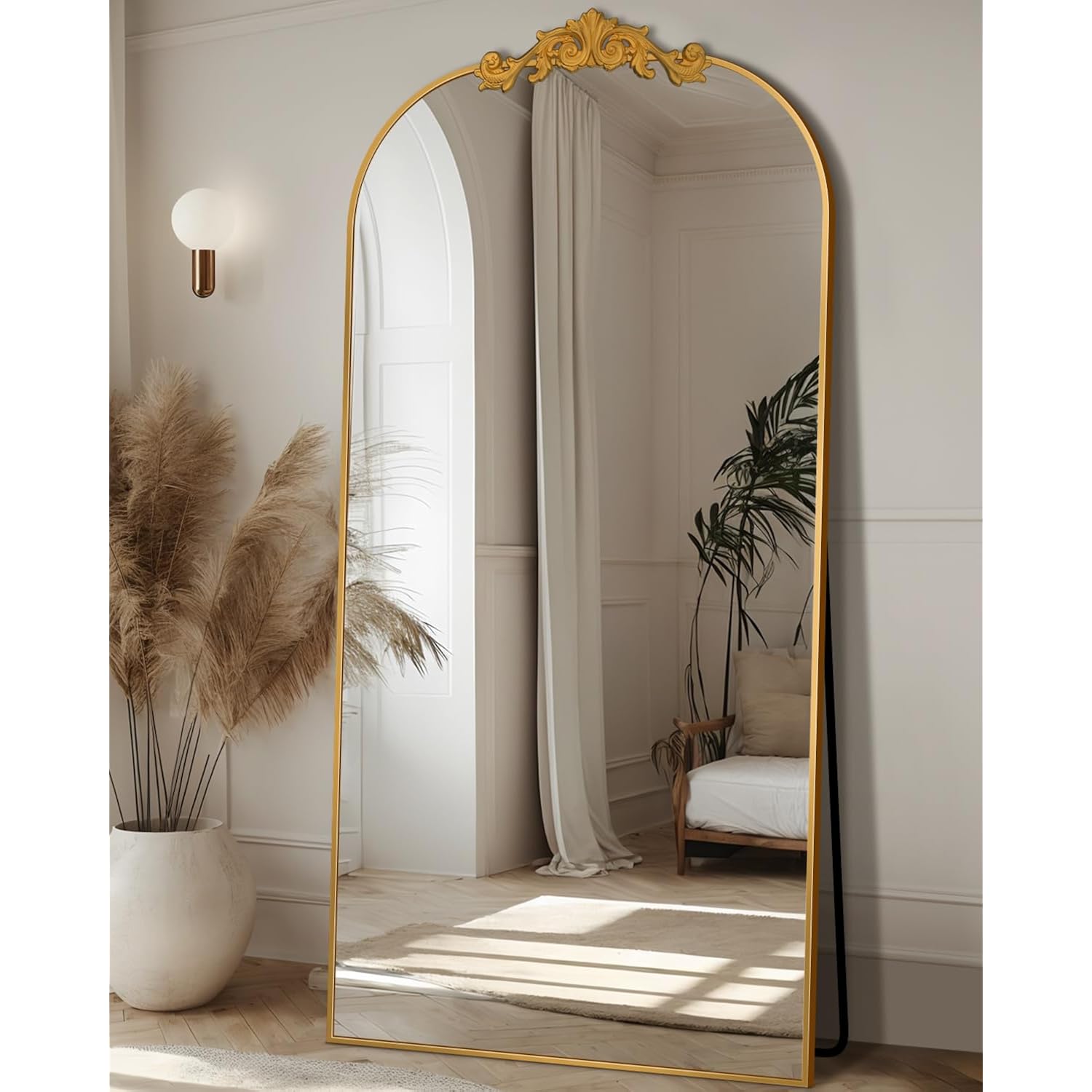 Antok Arched Full Length Mirror, 71"X28" Floor Mirror With Carved, Full Body Mirrors For Homedecor, Standing/Halling Large Wall Mirror For Bedroom, Living Room, Cloakroom, Gold, Retro Style