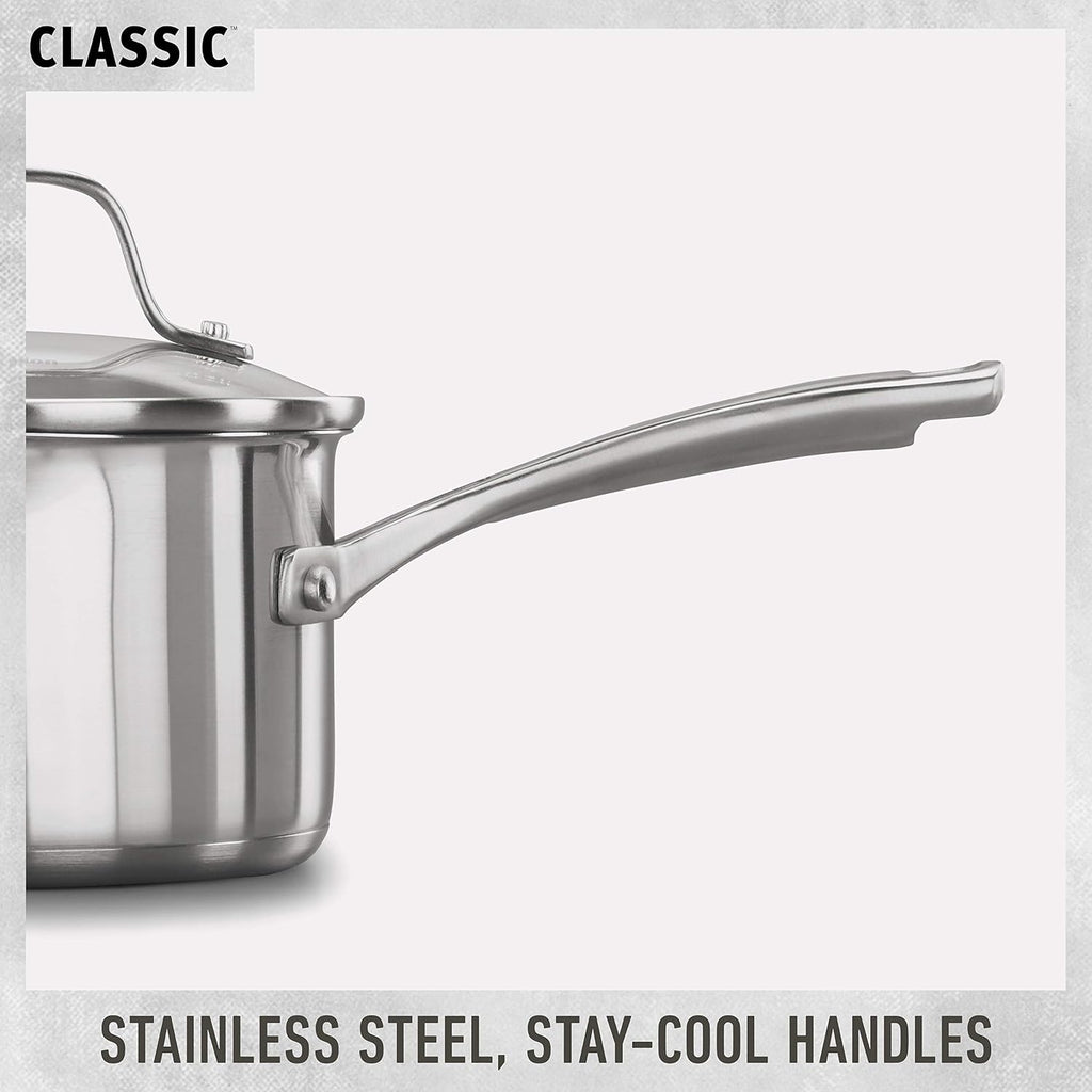 Calphalon Classic Stainless Steel Cookware Set, 10-Piece, Impact-Bonded Aluminum Base, Stay-Cool Handles, Oven Safe 450F, Silver