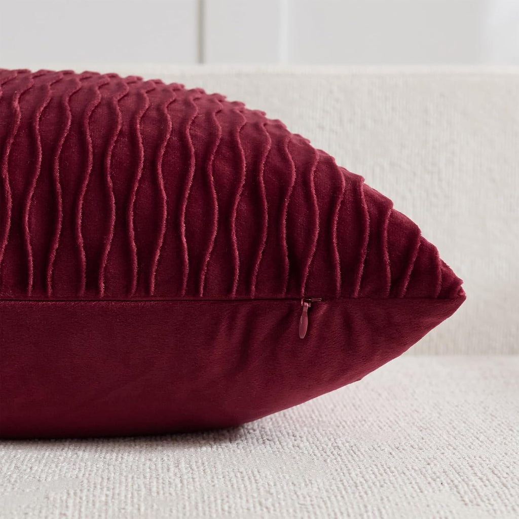 Burgundy Throw Pillow Covers: Pack Of 2 18X18 Inch Vertical Ripple Striped Velvet Square Decorative Pillow Cases For Farmhouse Couch Sofa Bed Living Room Home Decor