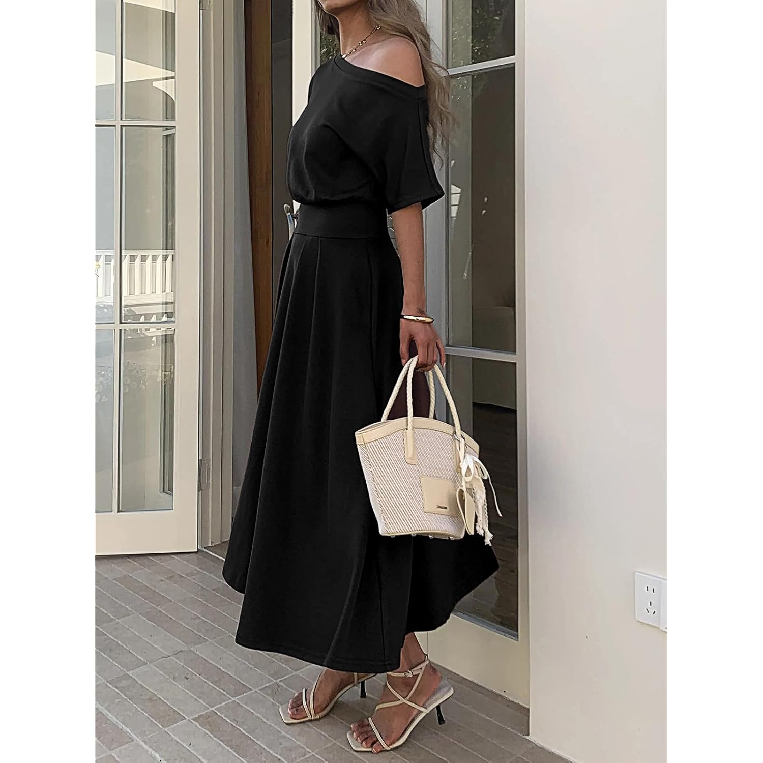 Mieazom Elegant One Shoulder Maxi Dresses For Women Summer Casual Loose Empire Waist Pleated Formal Long Dress With Pockets
