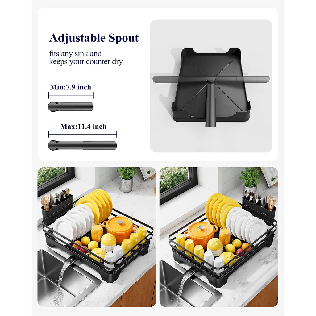 Kitsure Dish Drying Rack - Multi-Functional Dish Rack For Kitchen Counter With Cutlery Holder, Rust-Proof Storage Solution With Rotatable, 15.7" X 12.0" X 5.5", Black