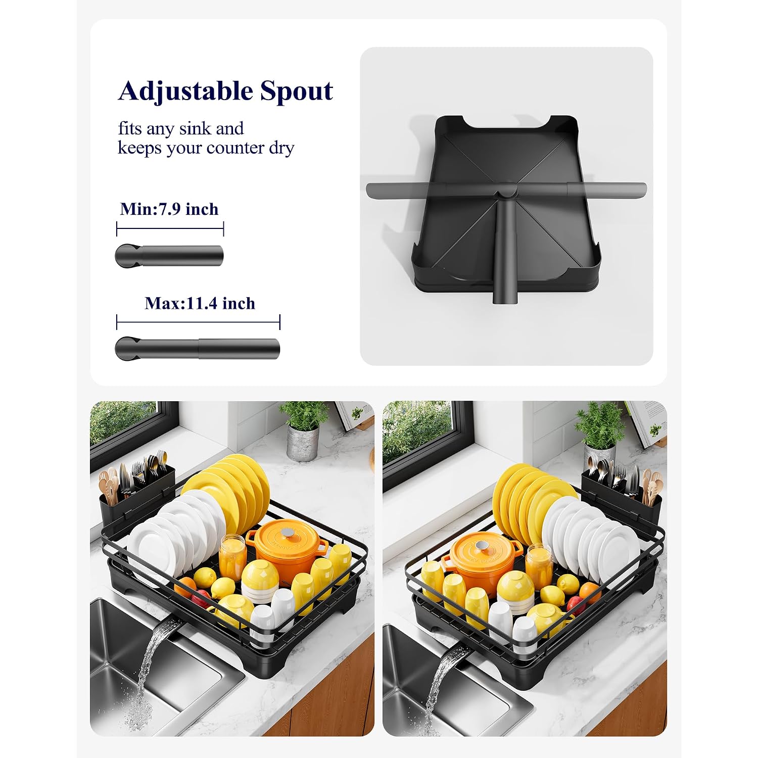 Kitsure Dish Drying Rack - Multi-Functional Dish Rack For Kitchen Counter With Cutlery Holder, Rust-Proof Storage Solution With Rotatable, 15.7" X 12.0" X 5.5", Black