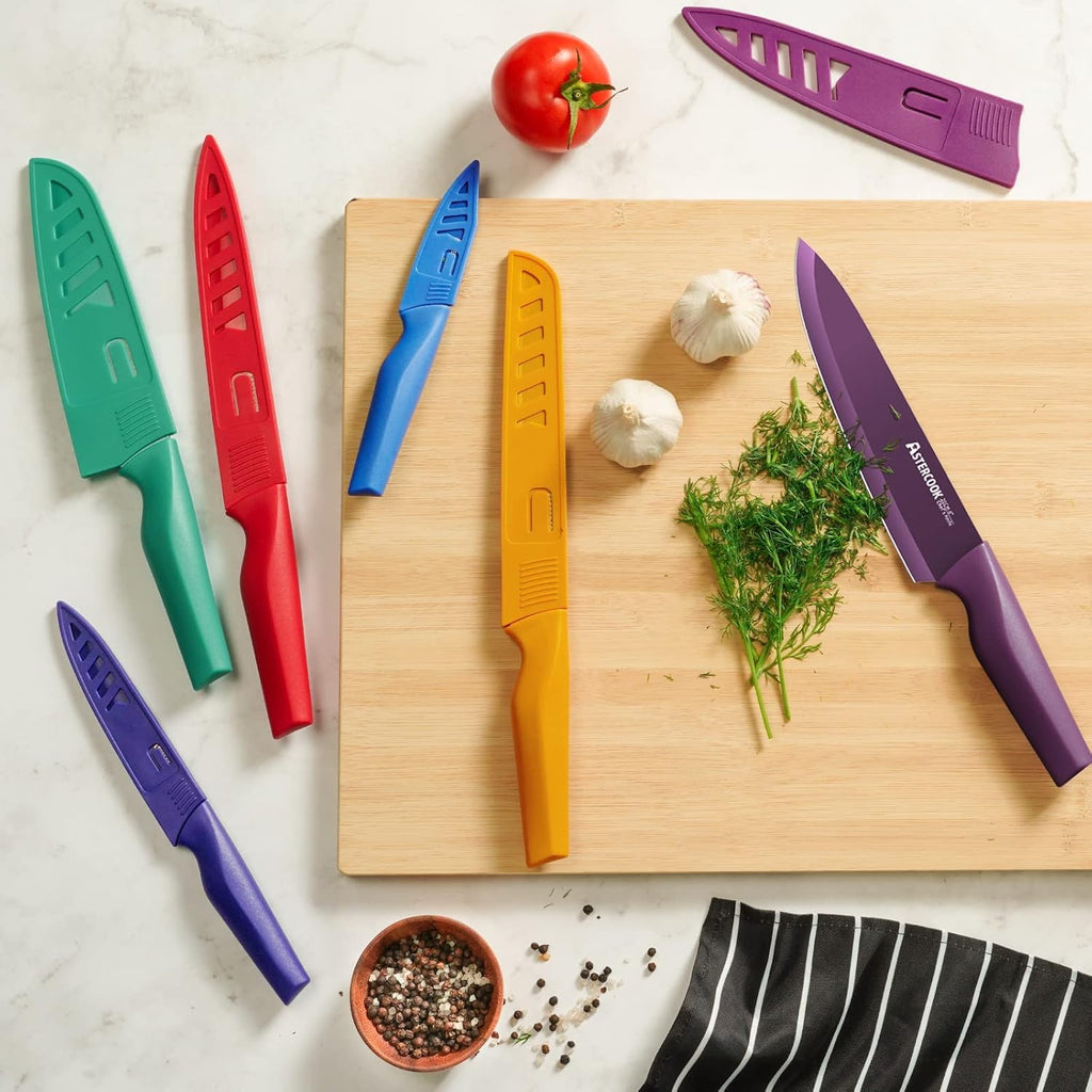 Astercook Knife Set, 12 Pcs Color-Coded Kitchen Knives Set, 6 Color Anti-Rust Coating Stainless Steel Chef Knife Sets with 6 Blade Guards Dishwasher Safe Perfect Holiday Gifts for Kitchen