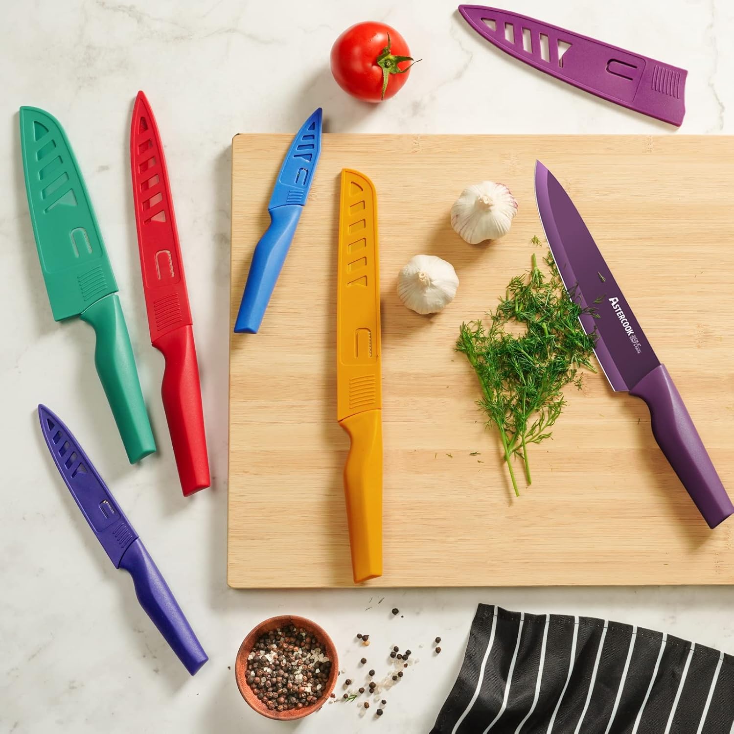 Astercook Knife Set, 12 Pcs Color-Coded Kitchen Knives Set, 6 Color Anti-Rust Coating Stainless Steel Chef Knife Sets with 6 Blade Guards Dishwasher Safe Perfect Holiday Gifts for Kitchen
