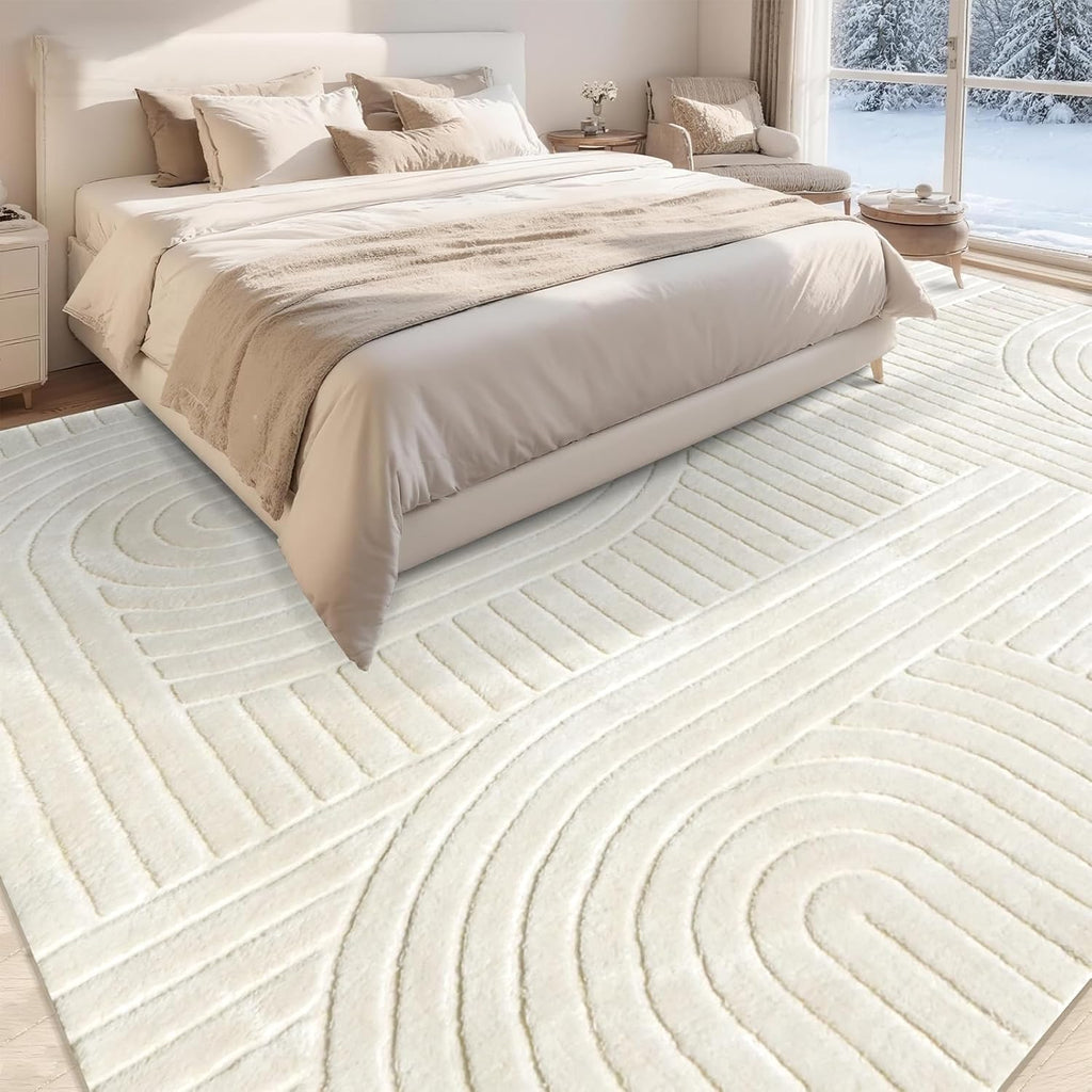 Beige Solid Area Rug 8x10 – Large Washable Soft Indoor Rugs for Living Room Bedroom, Modern Geometric Bohemian Pattern High-Low Pile Textured Carpet for House Apartment, Home Office Decor