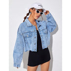 Makemechic Women'S Casual Long Sleeve Raw Hem Jean Jacket Button Down Crop Denim Jacket