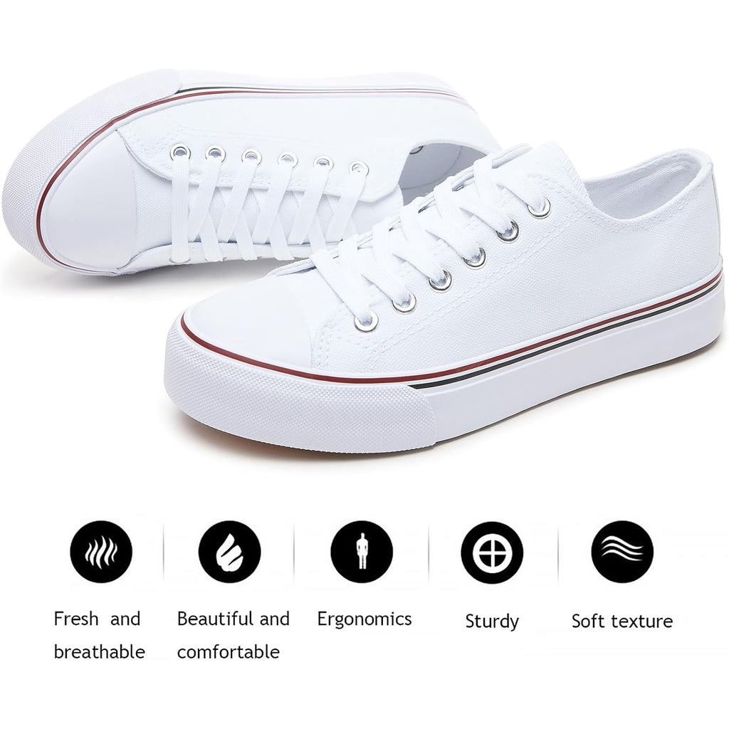 Fracora Womens White Black Canvas Sneakers Low Top Canvas Shoes For Women Tennis Shoes