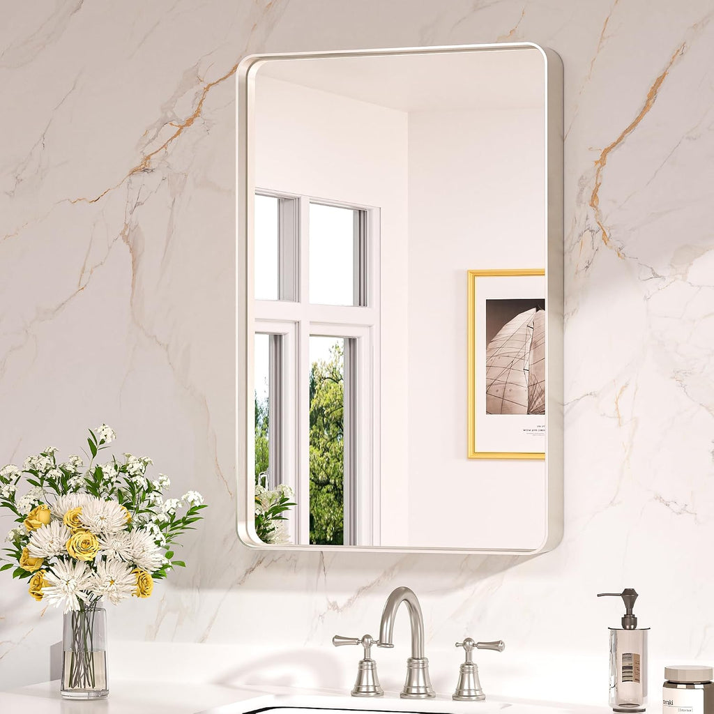 Keonjinn 20 X 30 Inch Brushed Nickel Bathroom Mirrors For Over Sink, Rounded Rectangle Silver Bathroom Vanity Mirror, Farmhouse Mirror For Wall, Hd Tempered Glass, Anti-Rust Aluminum Alloy Mirror