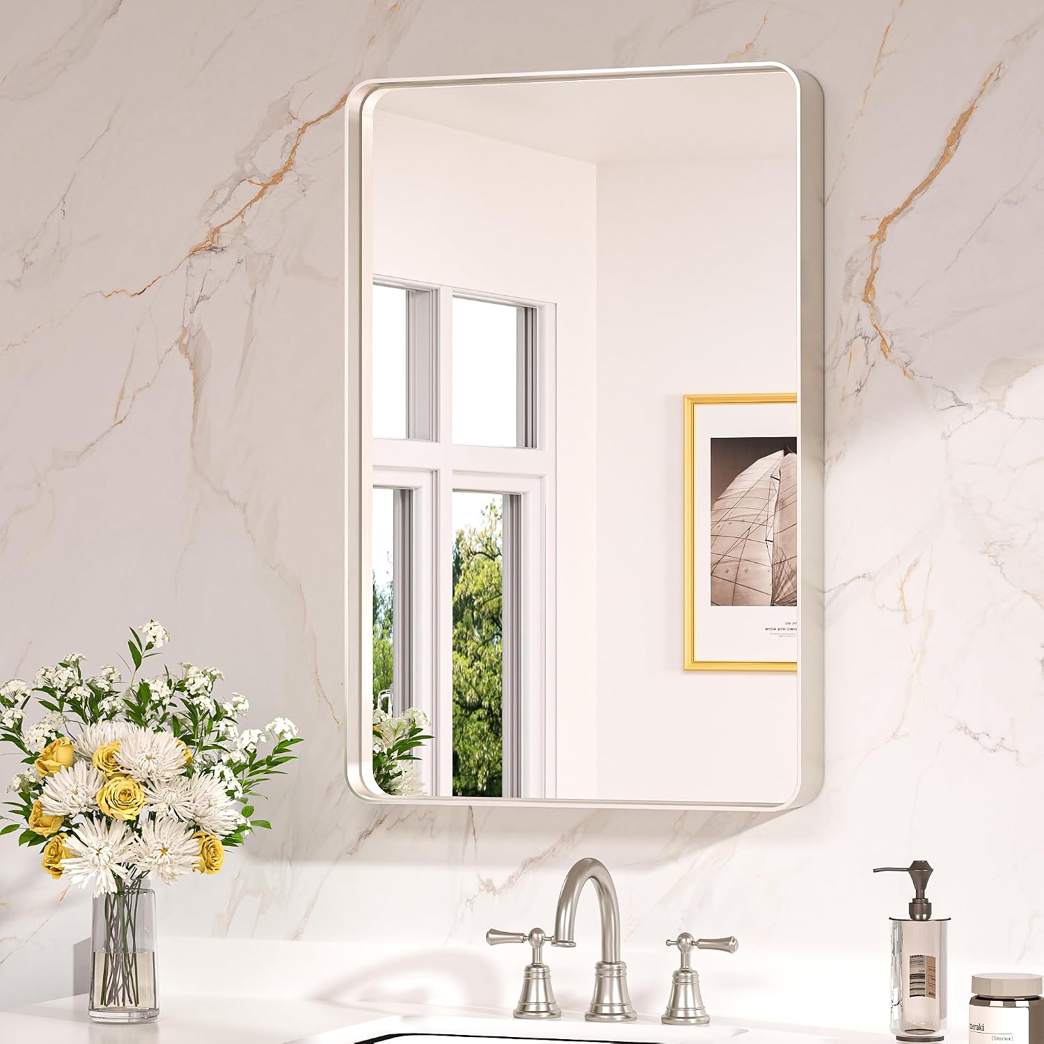 Keonjinn 20 X 30 Inch Brushed Nickel Bathroom Mirrors For Over Sink, Rounded Rectangle Silver Bathroom Vanity Mirror, Farmhouse Mirror For Wall, Hd Tempered Glass, Anti-Rust Aluminum Alloy Mirror