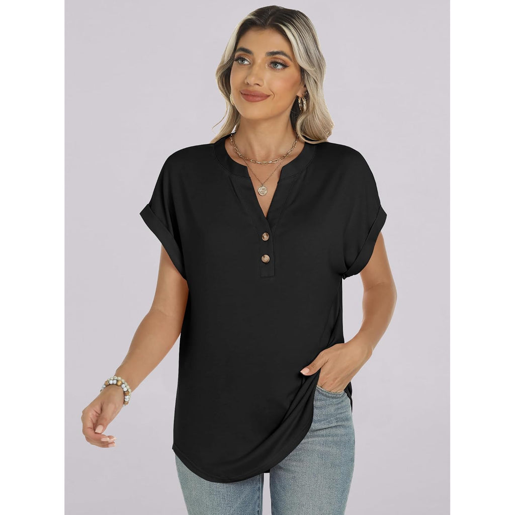 Womens Short Sleeve Henley Tops V Neck Dressy Casual Blouses Summer Trendy Tee Shirts 2026 Vacation Fashion Clothes