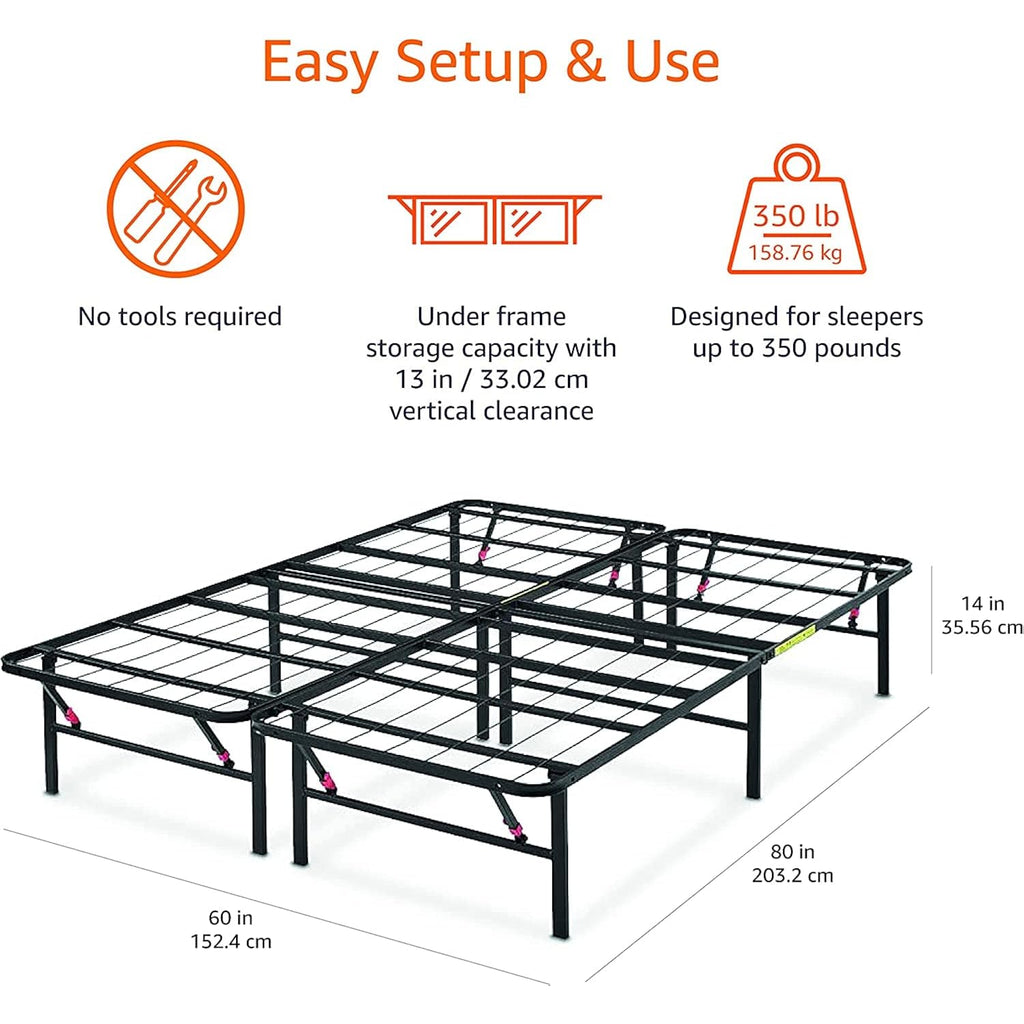Amazon Basics Bed Frame with Storage, Foldable Metal Platform, Sturdy Steel, No Box Spring Needed, 14-inch High, Tool-Free Setup, Noise Free, Easy Assembly, Queen Size, Black