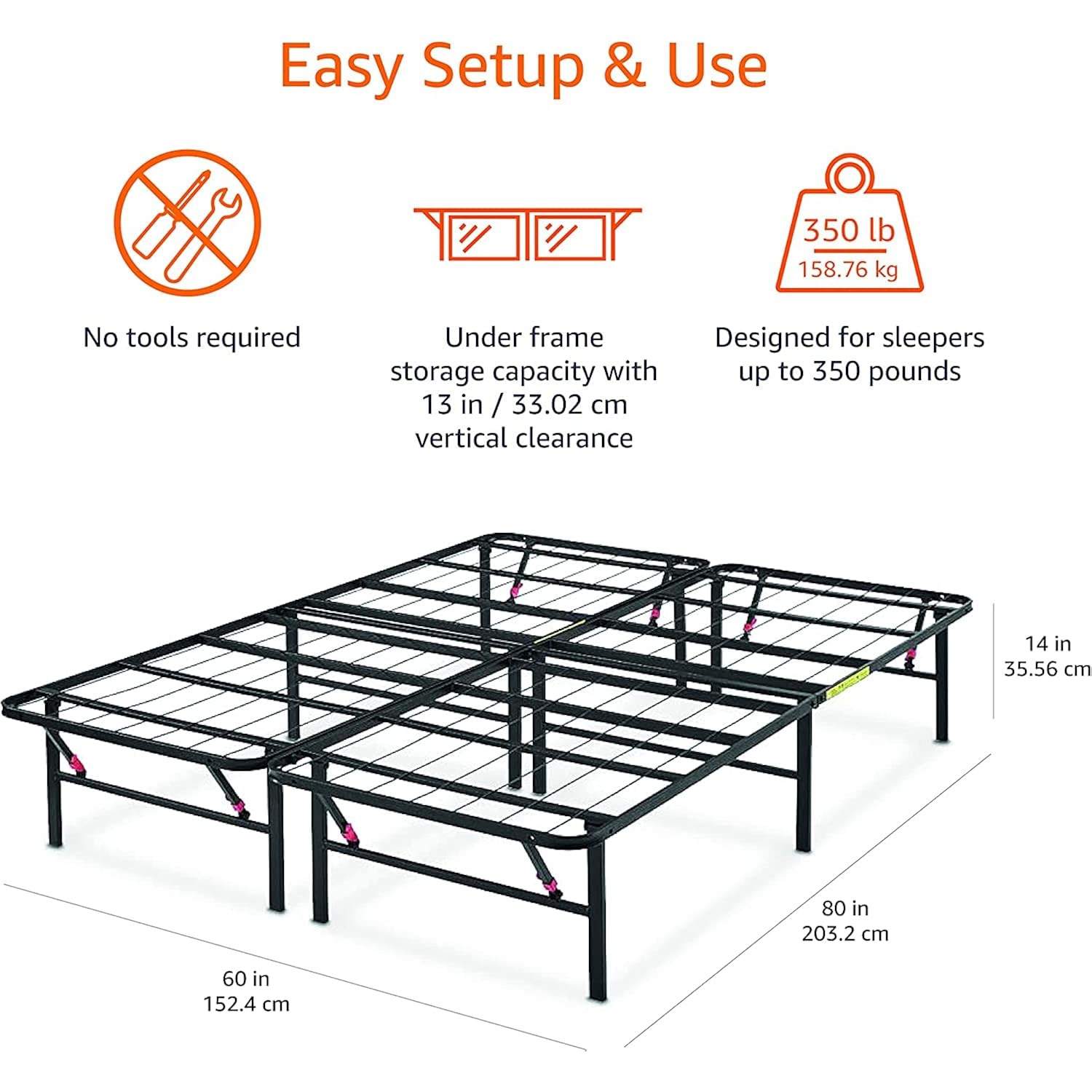 Amazon Basics Bed Frame with Storage, Foldable Metal Platform, Sturdy Steel, No Box Spring Needed, 14-inch High, Tool-Free Setup, Noise Free, Easy Assembly, Queen Size, Black