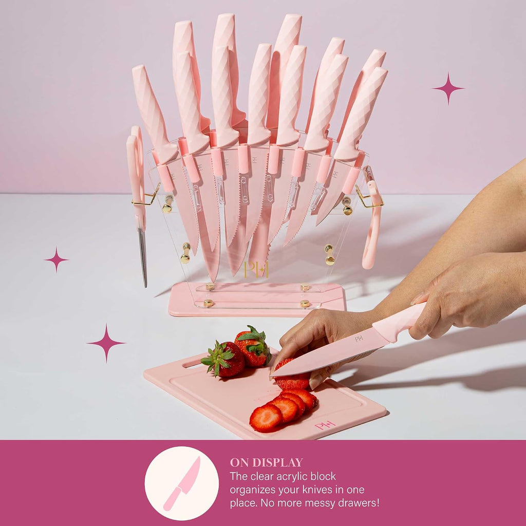 Paris Hilton Knife Block Set With Fan Style Clear Acrylic Knife Block, Premium Stainless Steel Blades With Nonstick Coating, Comfort Grip Handles, 16-Piece Set, Pink And Gold