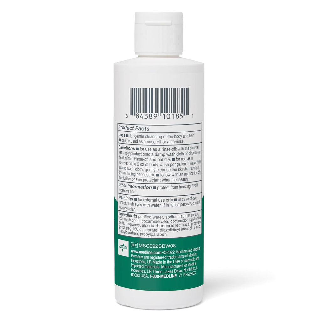 Medline Remedy Essentials Shampoo And Body Wash (8 Fl Oz), Fresh Scent, Full Body Cleanser With Aloe, For Adults & Elderly, Easy Rinse Gel For Bath, Shower Or Bedside Bathing
