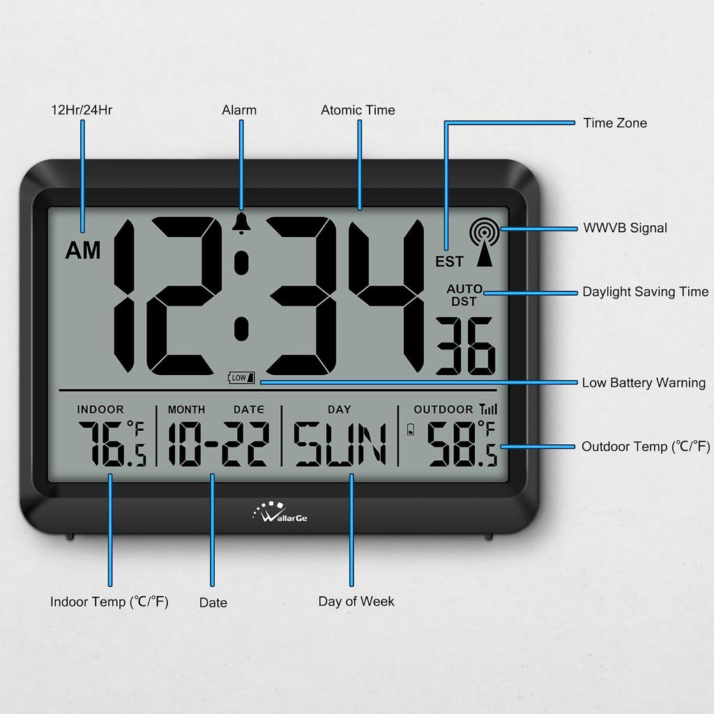 Atomic Clock With Indoor Outdoor Temperature - 8.5'' Digital Clock Battery Operated, Self-Setting, 4 Time Zones, Dst
