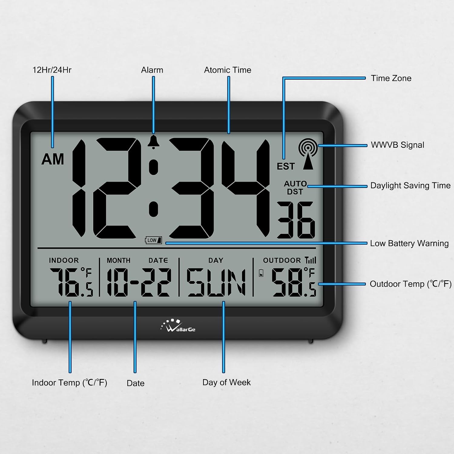 Atomic Clock With Indoor Outdoor Temperature - 8.5'' Digital Clock Battery Operated, Self-Setting, 4 Time Zones, Dst