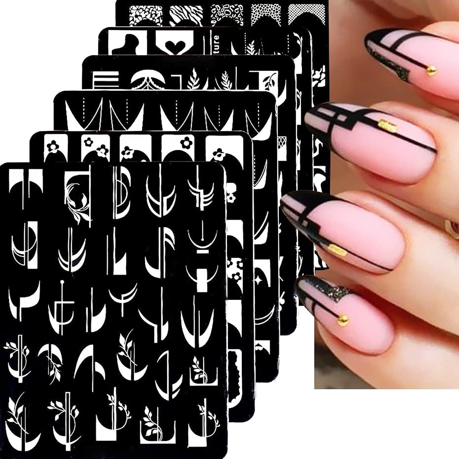 6Pcs Nail Art Stamping Templates Set with French Line Flowers Leaves Smiley Heart Design Stamping Kits DIY Printing Tools Fashion Decoration for Women and Girls