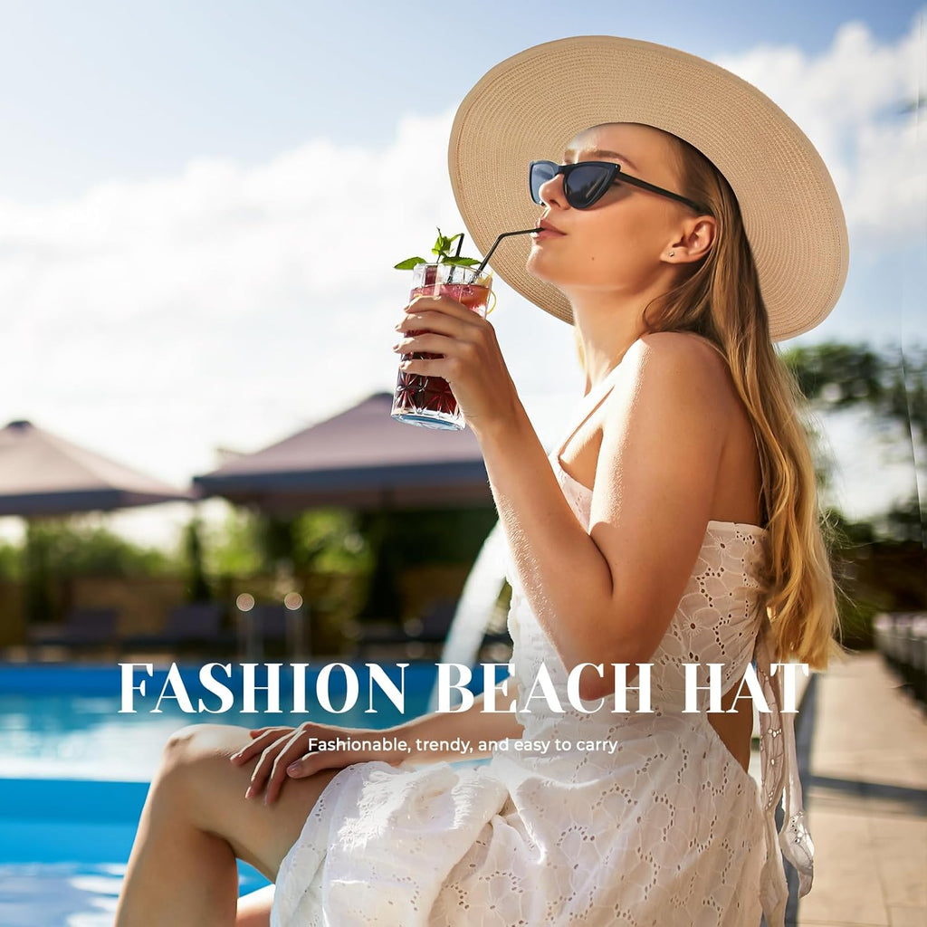 Beach Sun Straw Hats for Women, Wide Brim UPF 50+ UV Sun Protection Summer Straw Hat Packable Foldable Roll up Cap