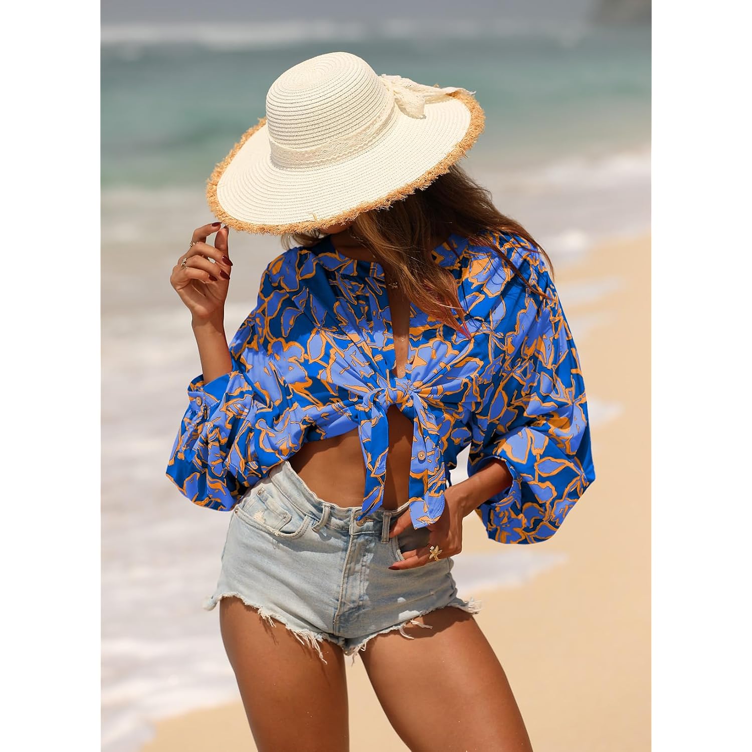 Astylish Womens 2026 Boho Floral Loose Spring Summer Tops Lantern Sleeve Flowy Blouses V Neck Button Down Shirts