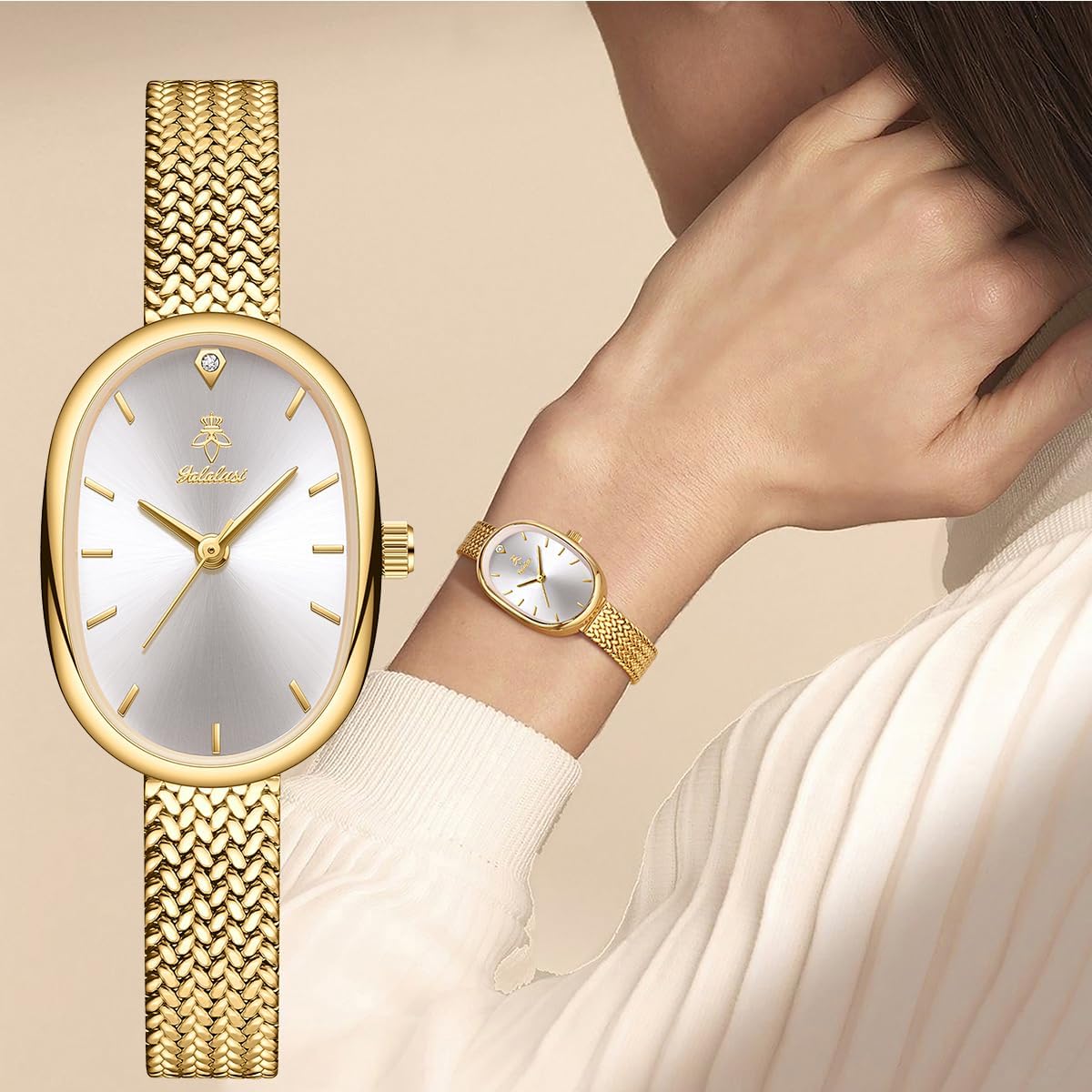 Mastop Petite Vintage Oval Gold Women’S Watch, Waterproof Elegant Bracelet Watch For Small Wrists Minimalist Easy To Read