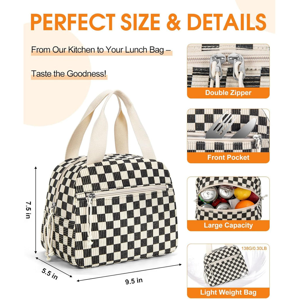Corduroy Lunch Bag,Small Insulated Lunch Box For Women Men | Reusable Lunchbag,Cute Lunch Tote Bag,Lunchbox For Work,Corduroy Black Checkered
