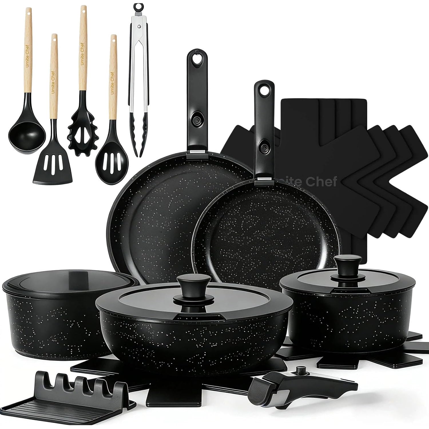 Umite Chef 21Pcs Pots And Pans Set Non Stick, Nonstick Ceramic Cookware Sets Detachable Handle, Non Toxic Healthy Induction Cookware, Kitchen Cooking Set, With Frying Pans Set, Dishwasher/Oven Safe