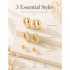 Gold Earring Stack for Women, 3 Pairs 14K Gold Plated Small Huggie Hoop & CZ Stud Earrings Set, Hypoallergenic Dainty Earrings for Multiple Piercings, Second Hole Cartilage Earrings