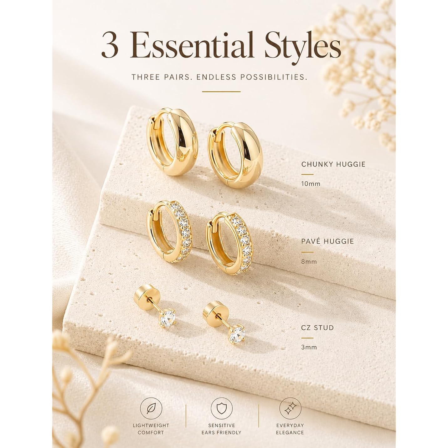 Gold Earring Stack for Women, 3 Pairs 14K Gold Plated Small Huggie Hoop & CZ Stud Earrings Set, Hypoallergenic Dainty Earrings for Multiple Piercings, Second Hole Cartilage Earrings