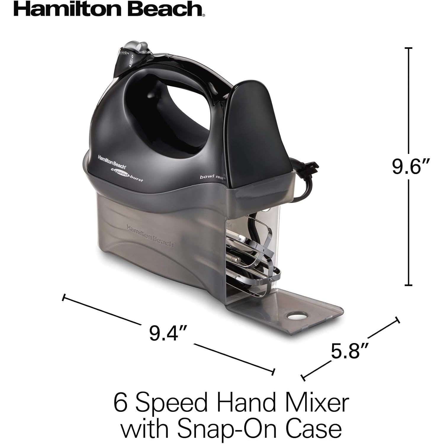 Hamilton Beach Power Deluxe 6-Speed Electric Hand Mixer With Quickburst | Powerful 250 Watt Motor | Traditional Beaters | Whisk | Snap-On Storage Case | Bowl Rest | Black | 62692