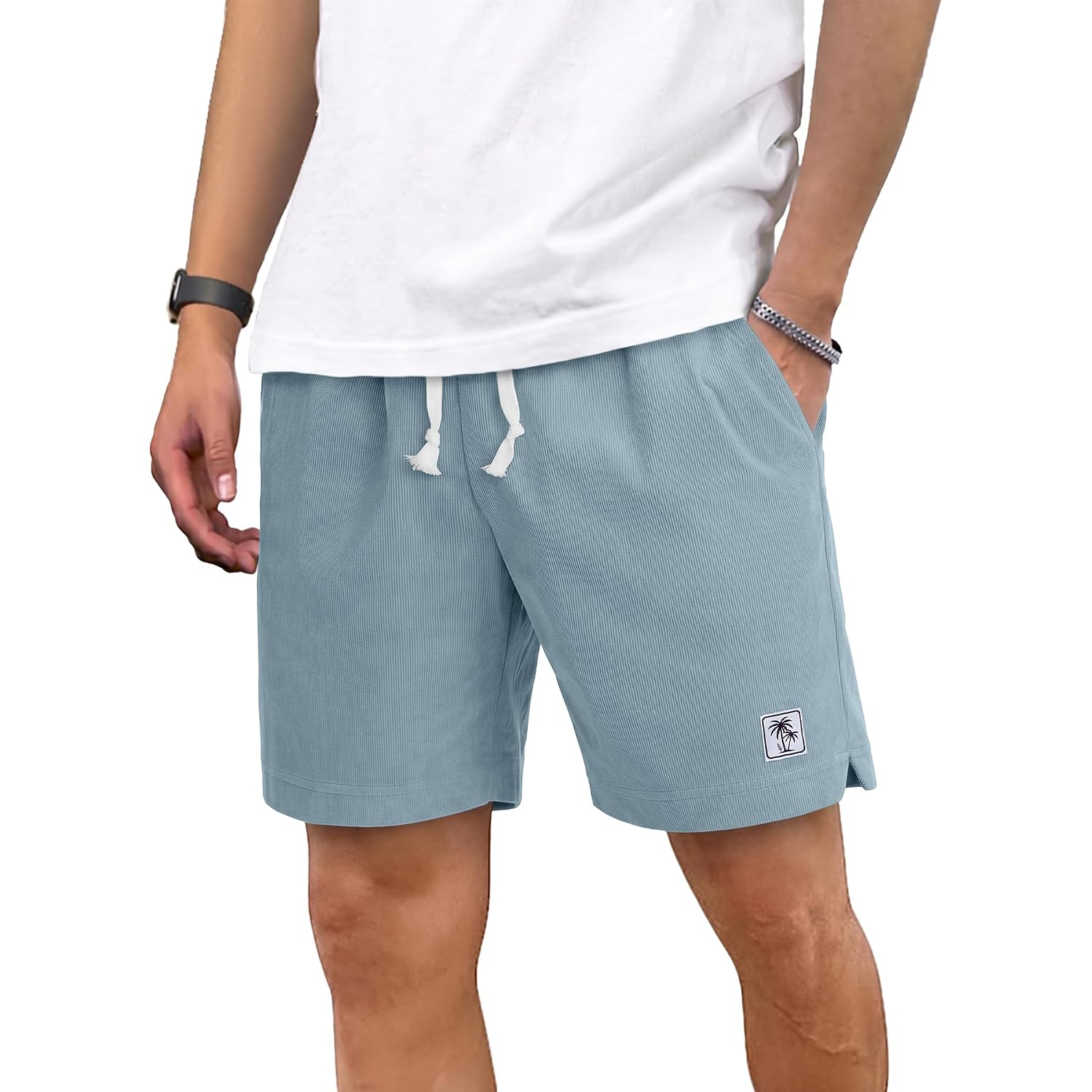Plepan Mens Corduroy Shorts Casual 7 Inch Elastic Waist Drawstring Lightweight Summer Beach Loose Fit Lounge Shorts