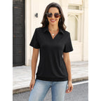 Womens Polo Shirts Short Sleeve Banded Bottom Tops Business Casual Tops Collared V Neck Dressy Blouses