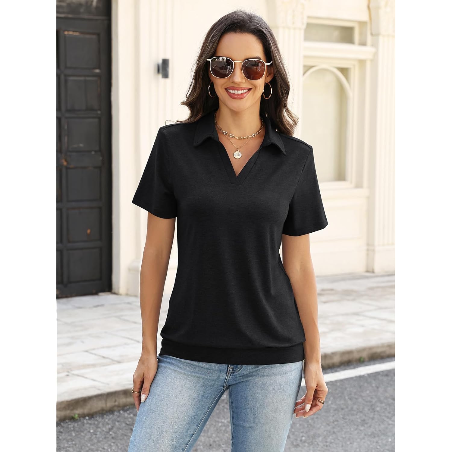 Womens Polo Shirts Short Sleeve Banded Bottom Tops Business Casual Tops Collared V Neck Dressy Blouses