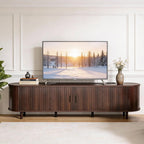 70" Mid Century Modern Tv Stand, Wood Tv Consoles With Sliding Doors And Power Outlet, Entertainment Center With Adjustable Shelves, Fluted Tv Stands For Living Room, Walnut