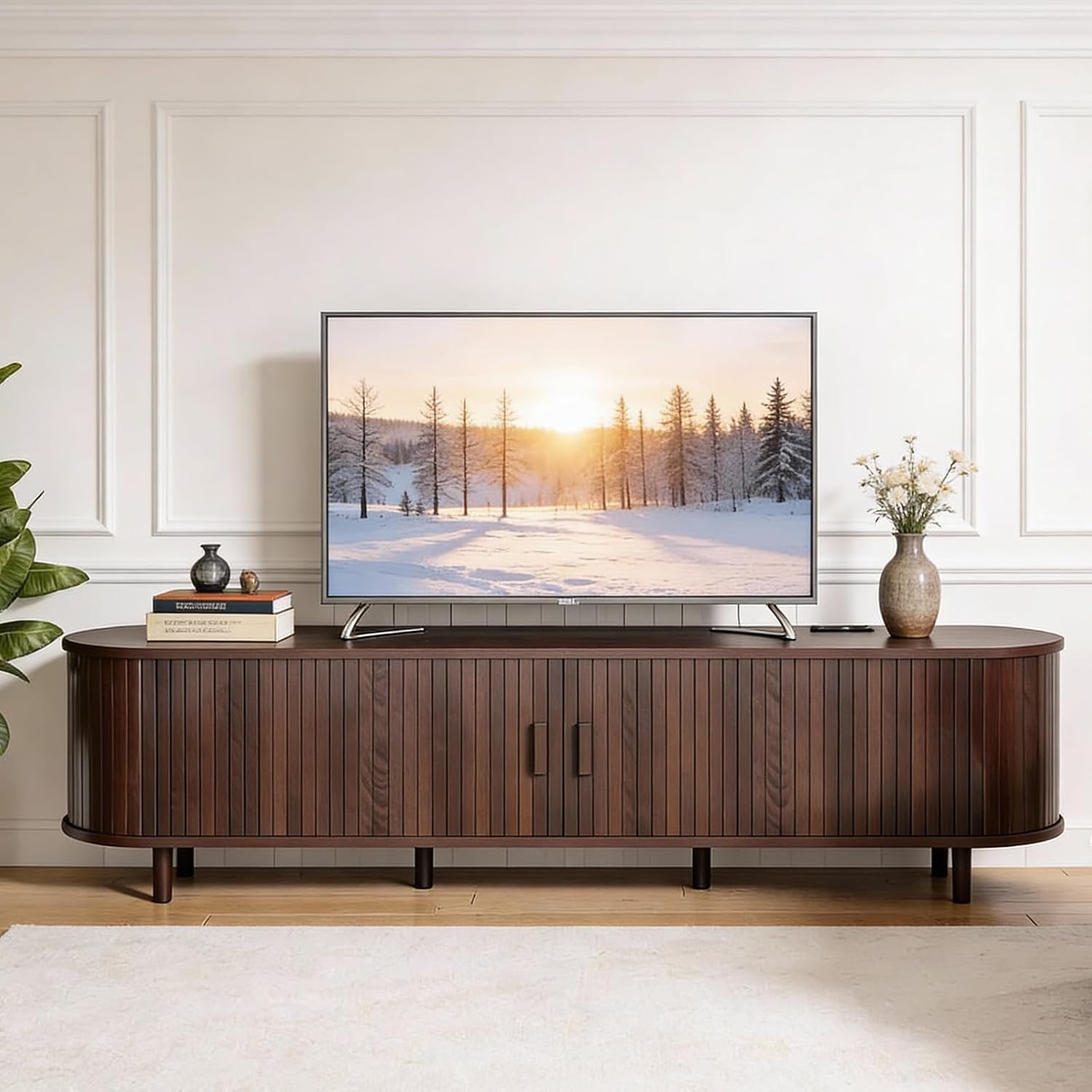 70" Mid Century Modern Tv Stand, Wood Tv Consoles With Sliding Doors And Power Outlet, Entertainment Center With Adjustable Shelves, Fluted Tv Stands For Living Room, Walnut