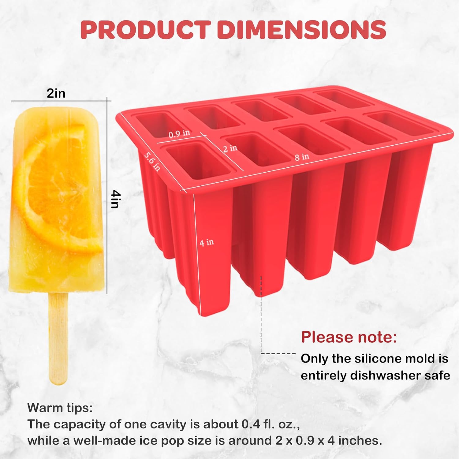 Miaowoof Homemade Popsicle Molds, 10-Cav Non-Bpa Silicone Ice Pop Maker, With 50 Sticks, 50 Bags, 10 Reusable Sticks, Funnel, Brush And Ice Pop Recipe (Red)