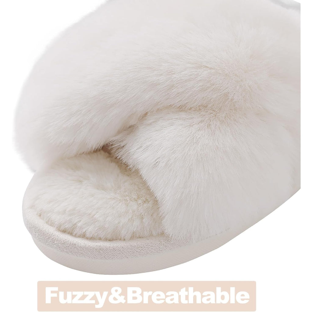 Evshine Memory Foam Fuzzy House Slippers For Women | Faux Fur Cross Band Open Toe Indoor Slippers, Gifts For Women, Moms And Bridesmaids
