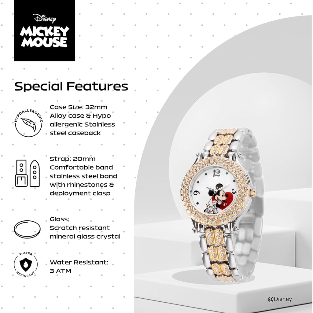 Disney Mickey Mouse Watch – Stylish & Fun Mickey Mouse Watches For Women – Classic Inspired Timepiece – Women'S Watch With White Dial & Floating Stones, Multicolor Stainless Steel Strap