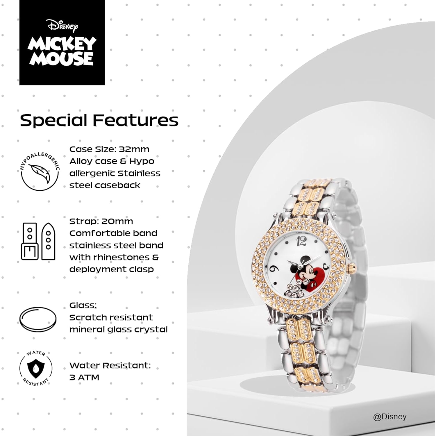 Disney Mickey Mouse Watch – Stylish & Fun Mickey Mouse Watches For Women – Classic Inspired Timepiece – Women'S Watch With White Dial & Floating Stones, Multicolor Stainless Steel Strap