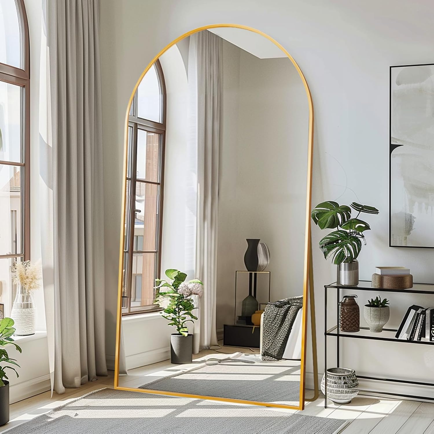Lft Huimei2Y Arched Full Length Mirror, 76.4"X37" Oversize Full Body Floor Tempered Mirror With Aluminum Alloy Frame For Living Room, Bedroom, Gym, Gold