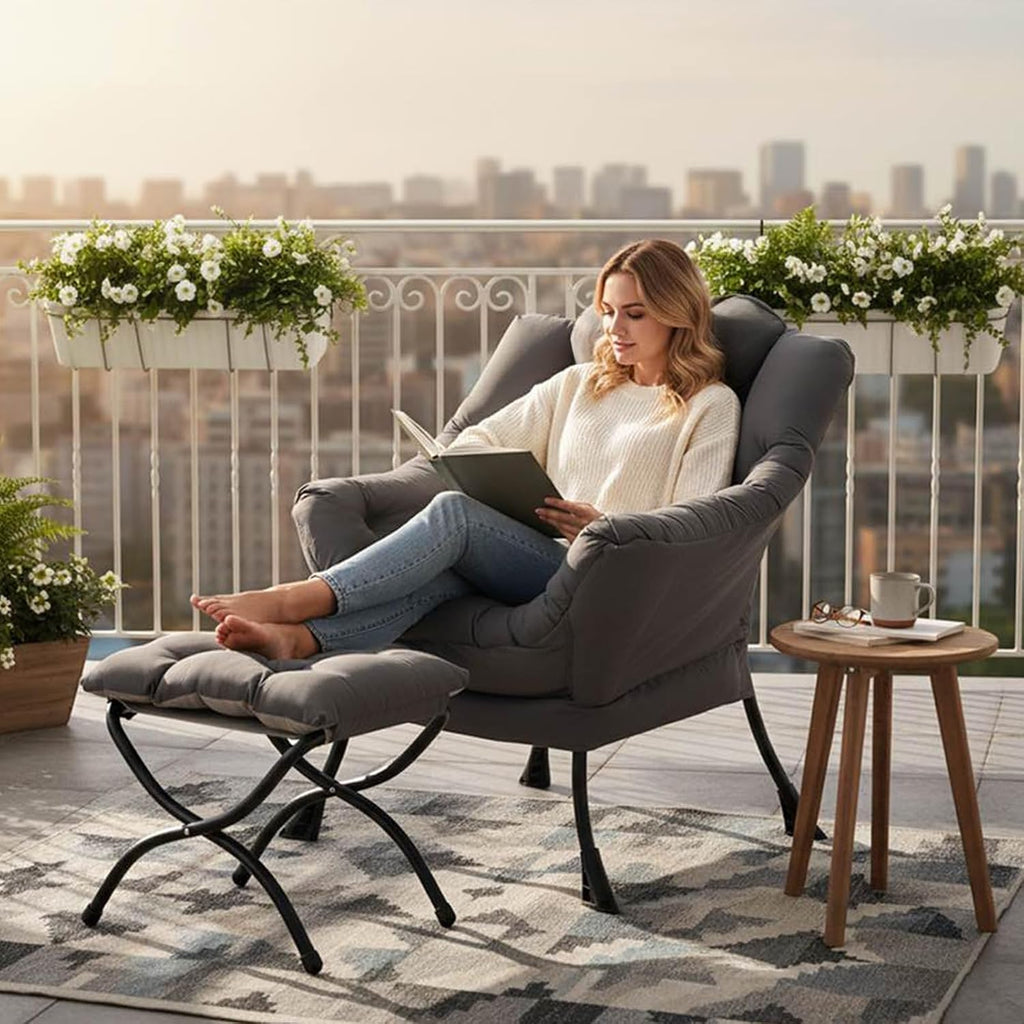 Lazy Chair With Ottoman, Gray Modern Large Accent Chairs, Comfy Leisure Sofa Armchair With Ottoman, Reading Chair With Footrest For Bedroom, Living Room, Dorm Rooms, Garden Dark Grey