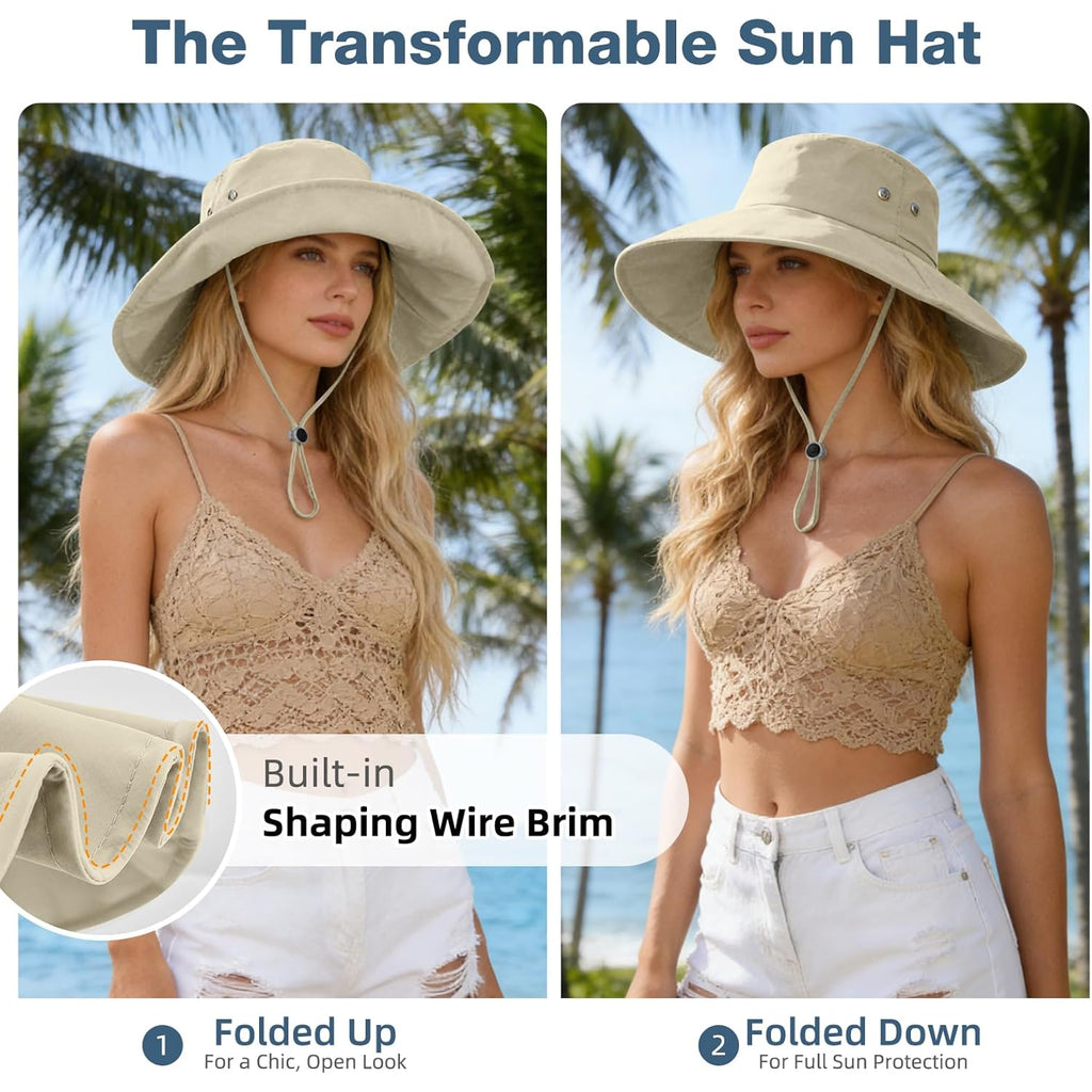 Sun Hats for Women Wide Brim Bucket Hat Ponytail, Fishing Hat UPF 50+ Packable for Beach Gardening with Fold-Up Brim