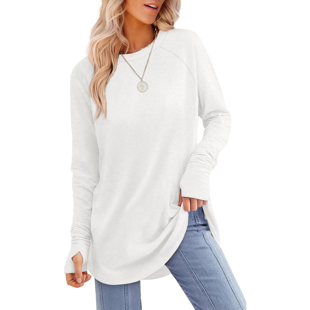 Xieerduo Womens Tunic Tops To Wear With Leggings Long Sleeve Thumb Hole Shirts Crew Neck Curved Hem