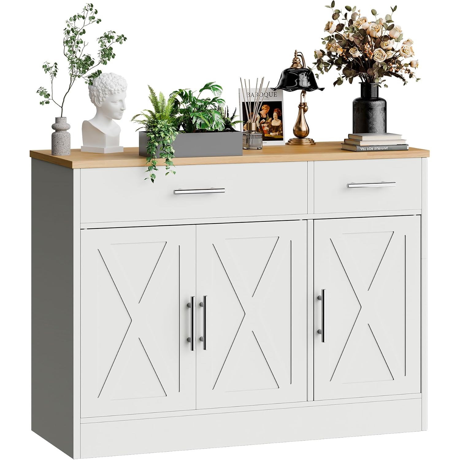 Kitchen Buffet Sideboard Cabinet With Storage, Farmhouse Kitchen Cabinet With 3 Doors And 2 Drawers, Coffee Bar Cabinet With Storage For Living Room, White