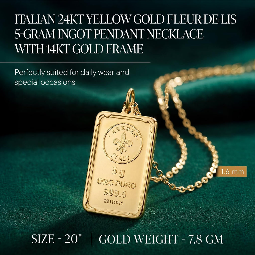 Ross-Simons Italian 24kt Yellow Gold Fleur-De-Lis Five-Gram Ingot Pendant Necklace with 14kt Gold Frame, Jewelry, Christmas, Birthday Gift