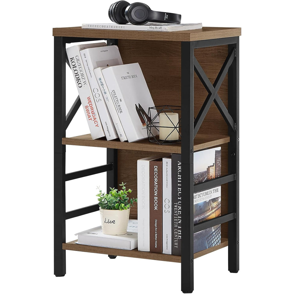 Small Bookshelf, 3 Tier Industrial Shelf With Metal Frame And Backboard, Low Rustic Brown Book Shelf, Small Bookcase For Small Spaces,Bookshelf For Living Room, Bedroom & Home Office