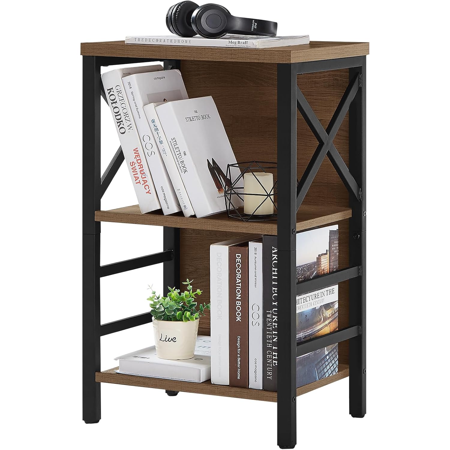 Small Bookshelf, 3 Tier Industrial Shelf With Metal Frame And Backboard, Low Rustic Brown Book Shelf, Small Bookcase For Small Spaces,Bookshelf For Living Room, Bedroom & Home Office