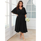 Scomchic Women Plus Size Midi Dresses Wedding Guest Short Sleeve V Neck Tie Waist Casual Summer Flowy A Line Dress