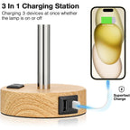 Bedside Table Lamp For Bedroom - 3 Way Dimmable Touch Lamp Usb C Charging Ports And Ac Outlet, Small Lamp Wood Base Round Flaxen Fabric Shade For Living Room, Desk, Led Bulb Included