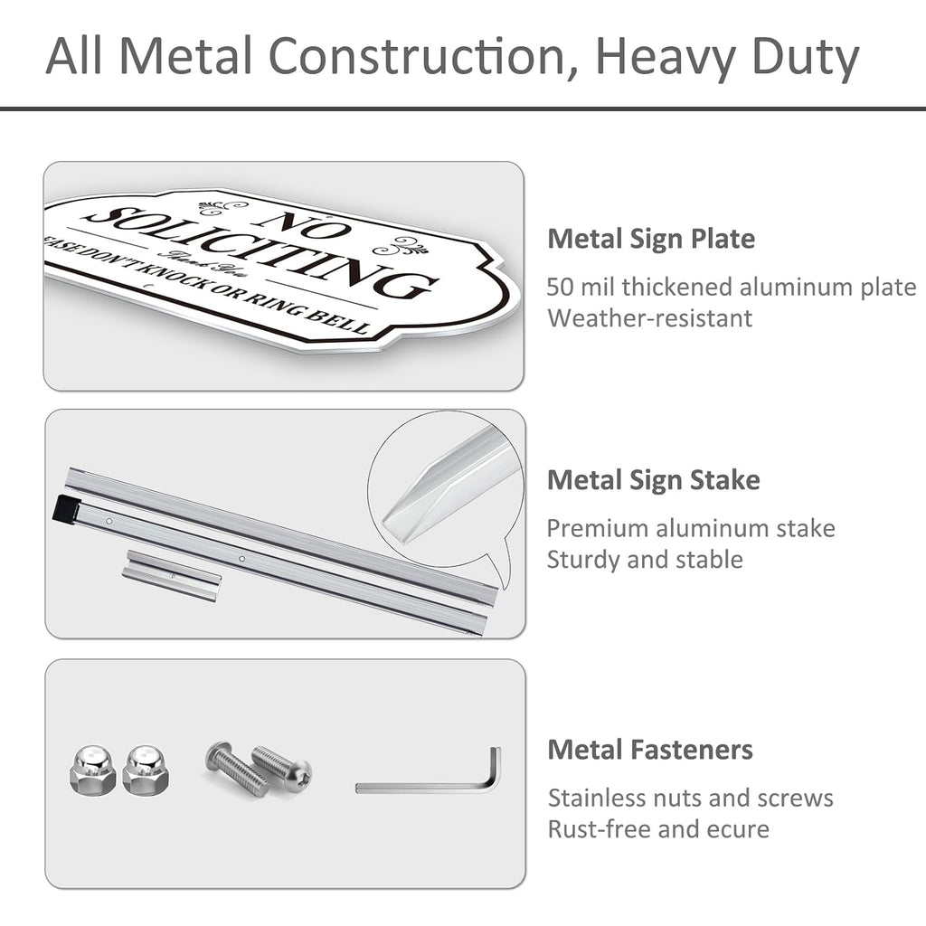 No Soliciting Sign For House - All Metal Construction - 14" X 7" Aluminum No Soliciting Yard Sign With 28" Stake - For Home And Front Door